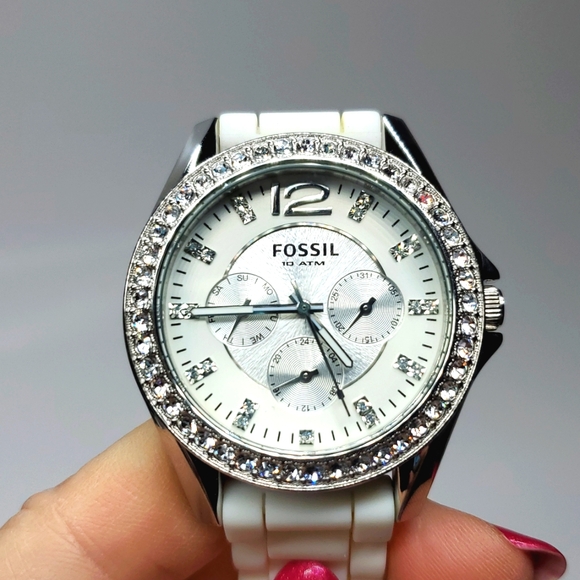Fossil Watch ES2526 Silver white Silicone Wristband Crystal Bezel Multifunction - Picture 12 of 15